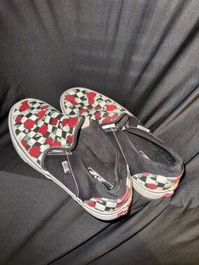 Vans Black Slip-On Sneakers with Red Rose Checkerboard